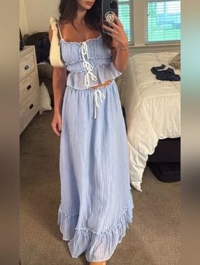 12th Tribe Dahlia Light Blue Crinkle Maxi Skirt And Bow Top Set NWT